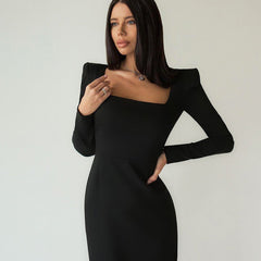Maxi Dress Square Collar French Black Dress Slim Fit Sheath Dress