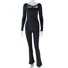 Square Collar Solid Color Tight Mid Length Tight Wide Leg Jumpsuit