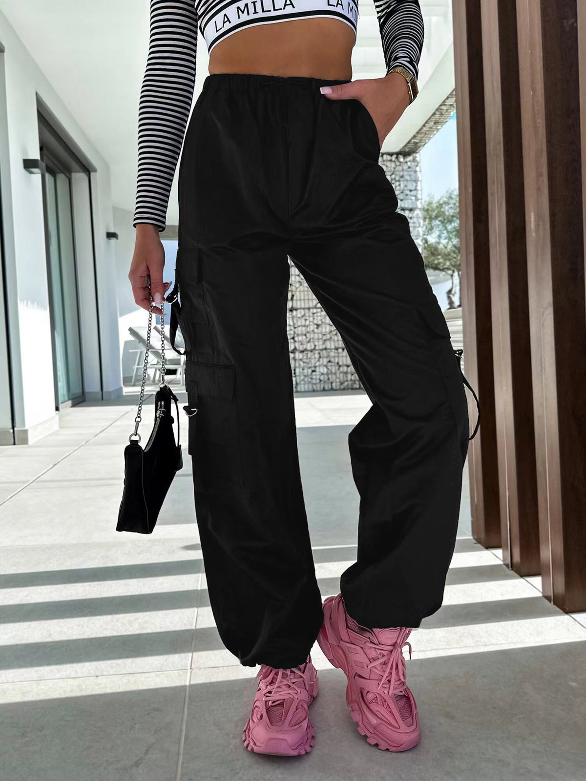 Pants Street Overalls Multi Pocket Lace up Trousers Metal Buckle Loose Straight Leg Ankle Banded Pants Trousers