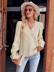 Casual Slim V neck Solid Color Smocking Long Sleeve Top