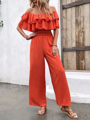 Ruffles off Shoulder Top High Waist Casual Straight Leg Long