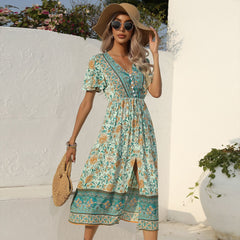 Beach Vacation V neck Ruffle Printed Dress