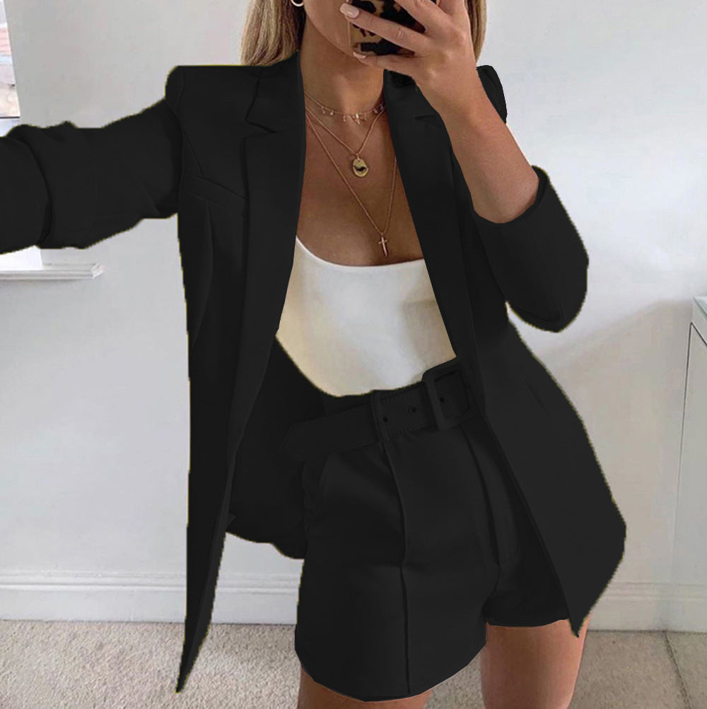 Ensemble haut et short avec ceinture, cardigan décontracté à col polo