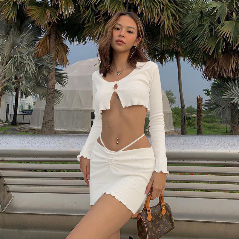 Two Piece Suit Backless Lacing Cropped Exposed Short T shirt Skirt