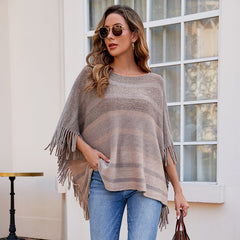 off Neck Tassel Shawl Contrast Color Striped Cape Coat