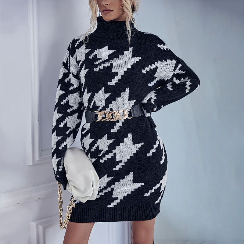 High Collar Loose Long Sleeve Houndstooth Woolen No Belted
