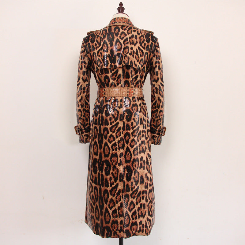Schlangenhaut Leopardenmuster Langer Trenchcoat Göttin Langarm Lederjacke Mantel