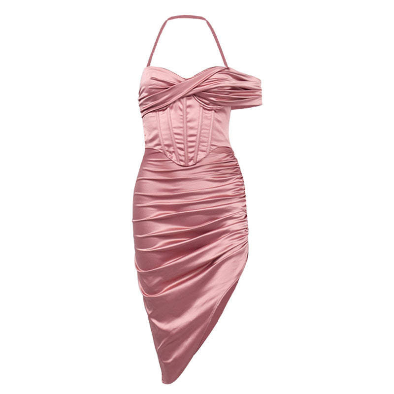 Satin Boning Corset Boning Corset Fold Split Halter Midi Dress