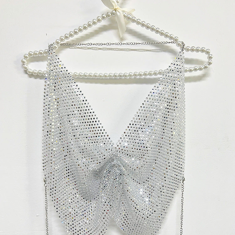 Rhinestone Mesh Halter Spaghetti Straps Vest Backless Nightclub Top