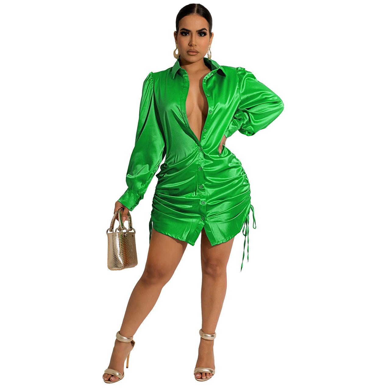 Pleated Lace up Loose Elastic Mid Length Shirt Dress