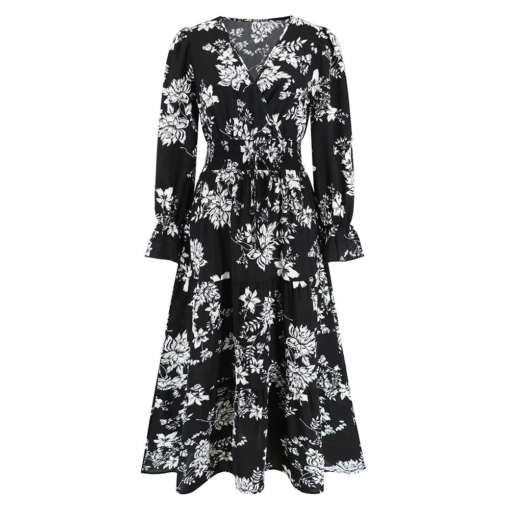 V neck Waist Trimming Lace up Long Sleeve Floral Dress Maxi Dress