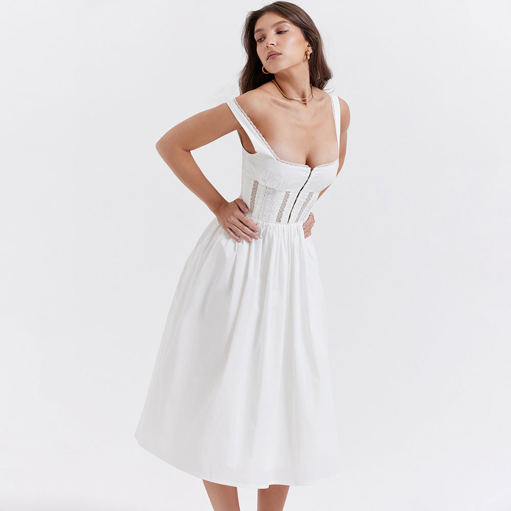 Kleid Weißes Midikleid Spitzenträgerkleid