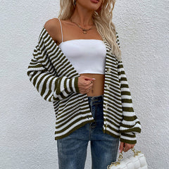 Casual Button Knitted Cardigan Striped V Neck Lantern Sleeve Sweater