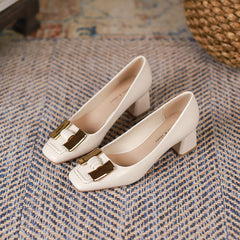 Women's Chunky Mary Jane Kitten Metal Buckle Heels