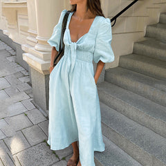 Elegantes französisches Kleid, tief ausgeschnitten, V-Ausschnitt, Puffärmel, hohe Taille, Baumwoll-Leinen-Kleid