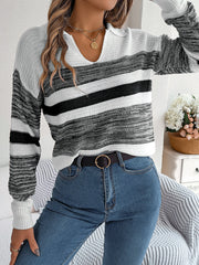 Casual Collared Contrast Color Striped Long Sleeve Knitted Pullover Sweater