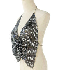 Rhinestone Mesh Halter Spaghetti Straps Vest Backless Nightclub Top