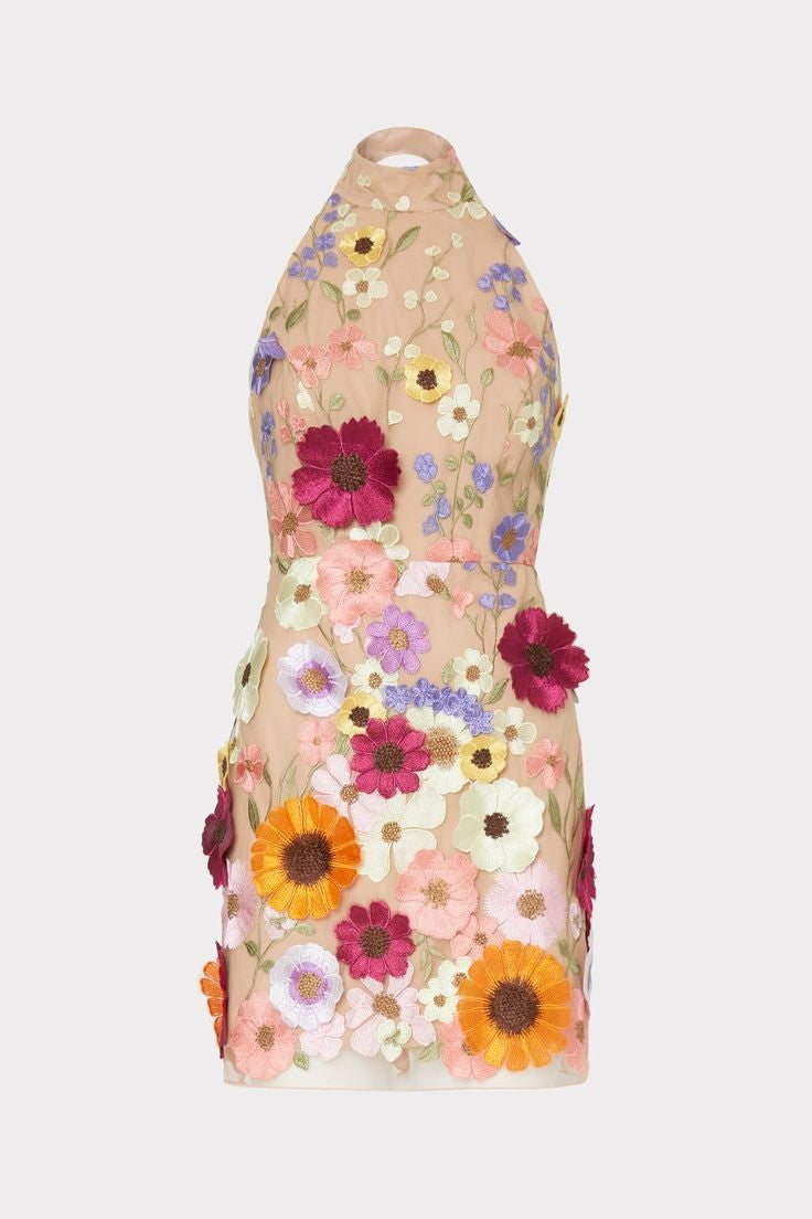 Embroidered Three Dimensional Floral Halter Slim Dress Small Dress
