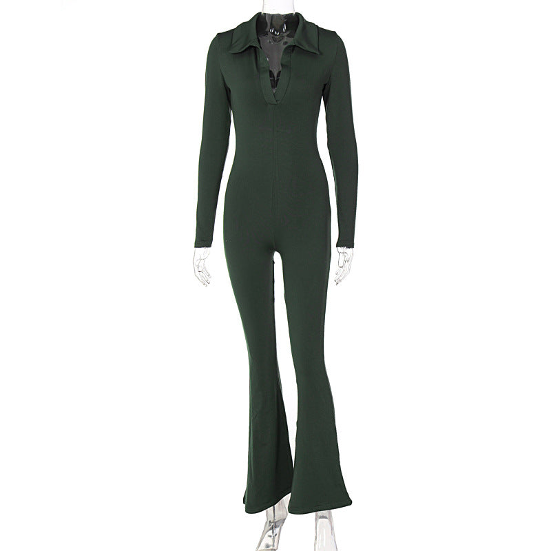 Polo Collar Slimming Long Sleeves Casual Wide Leg Pant Jumpsuit