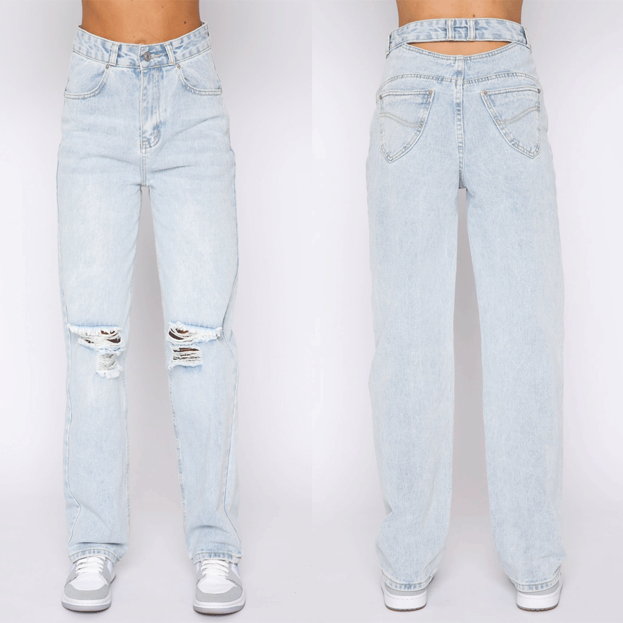 Street Hipster Ordinary Washed Solid Color Straight-Leg Denim Trousers