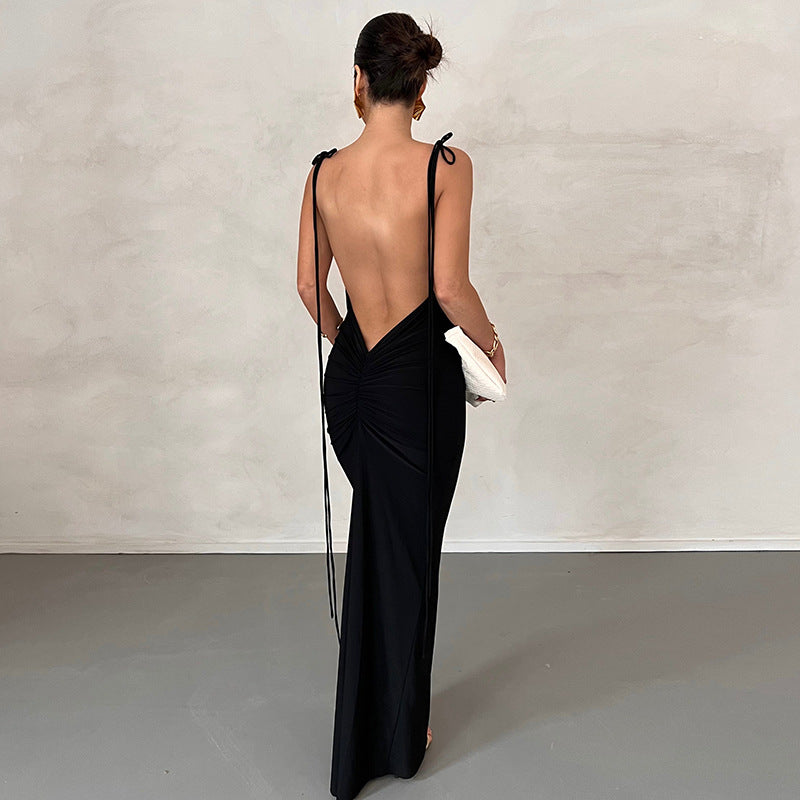 Solid Color Backless Pleated Long Elegant Slim Strap Dress