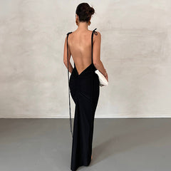 Solid Color Backless Pleated Long Elegant Slim Strap Dress