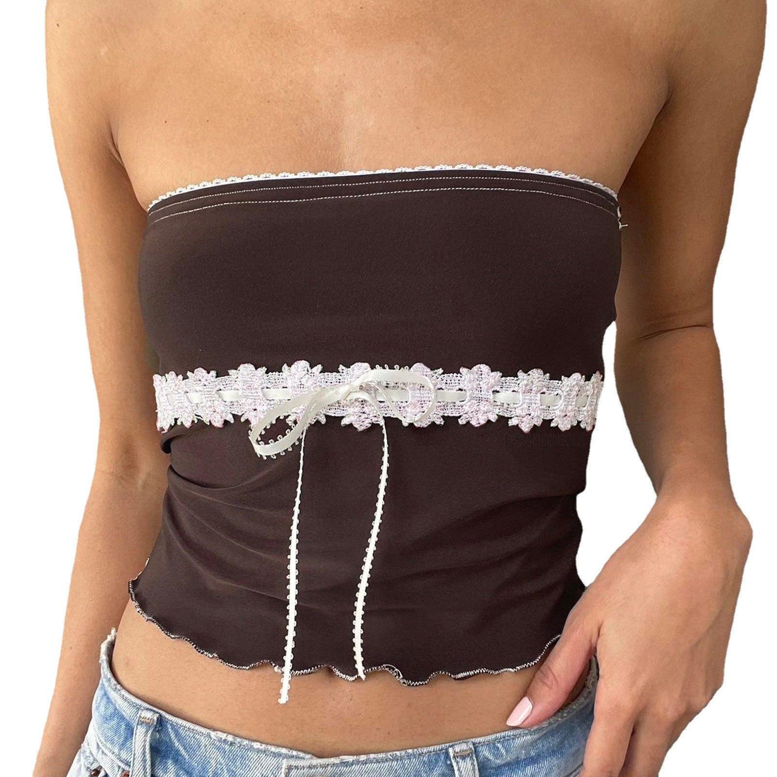 Tube Top Sleeveless Beauty Back Slim Fit Solid Color Lace Backless Top