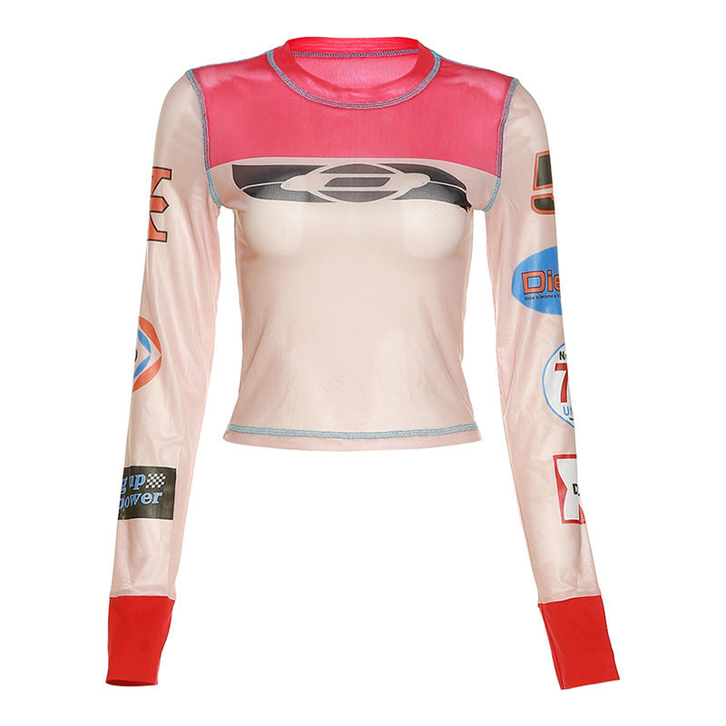 Print round Neck Street Hipster Mesh Stitching Long Sleeves Top