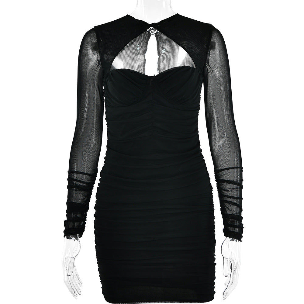 Hollow Out Cutout Low Cut Dress Sheer Long Sleeve Skinny Hip Dress