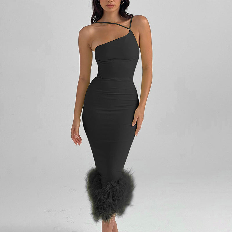 One Shoulder Halter Fur Swing Dress Office Slim Fit Maxi Dress