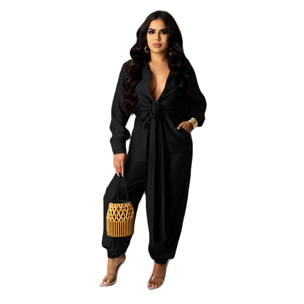 Solid Color Tied Long Sleeve Cool Jump Suit