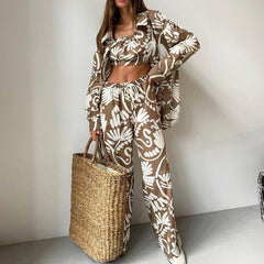 Early Long Sleeved Shirt Tube Top High Waist Trousers sets Printing Wear