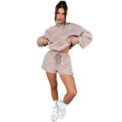 Solid Color Long-Sleeved Hooded Sweaters Two Piece Casual Shorts sets