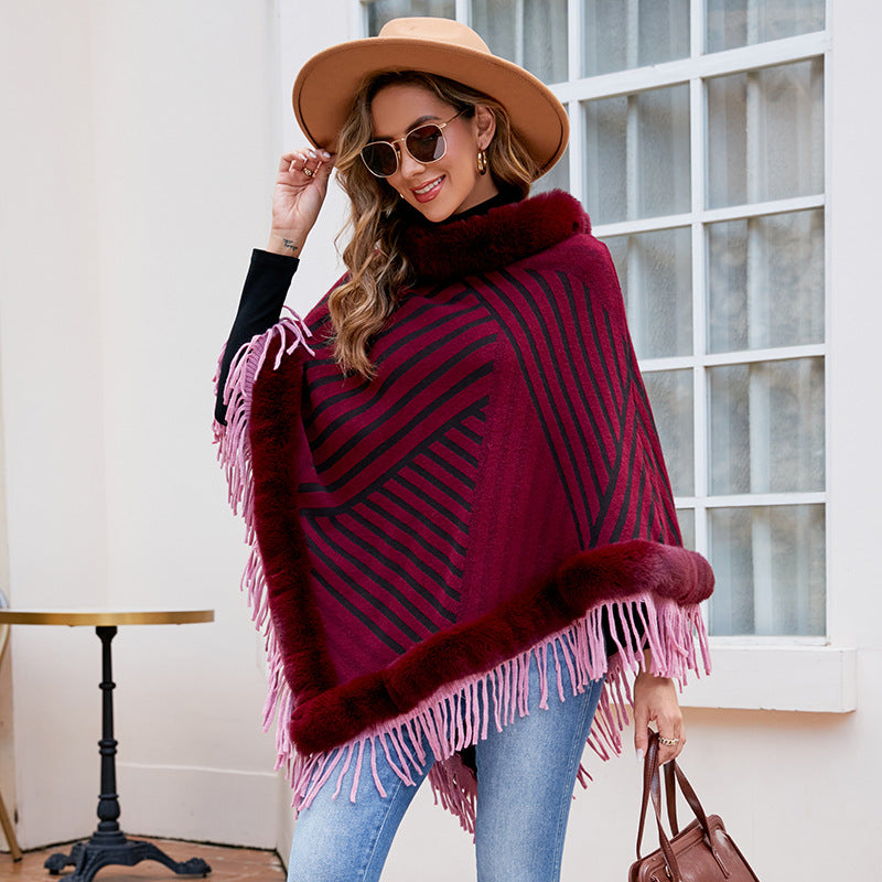 Fur Collar Pullover Tassel Knitted Cape Stripe Warm Shawl