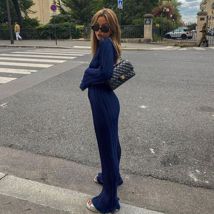 Early Chanel Long Sleeve T shirt Two Piece Slim Blue Pleated Wide Leg Trousers Suit