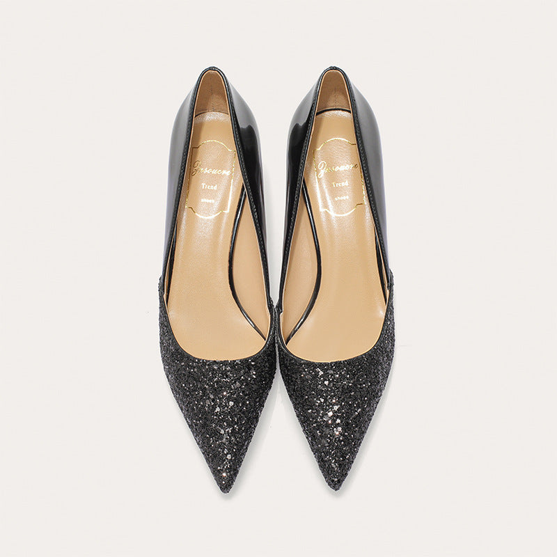 Women's Low-cut Pointed Sequined French Black Gold High