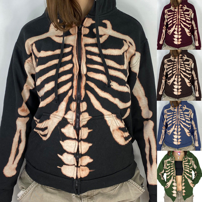 Halloween Hoodies mit langen Ärmeln und Reißverschluss und Totenkopf-Print