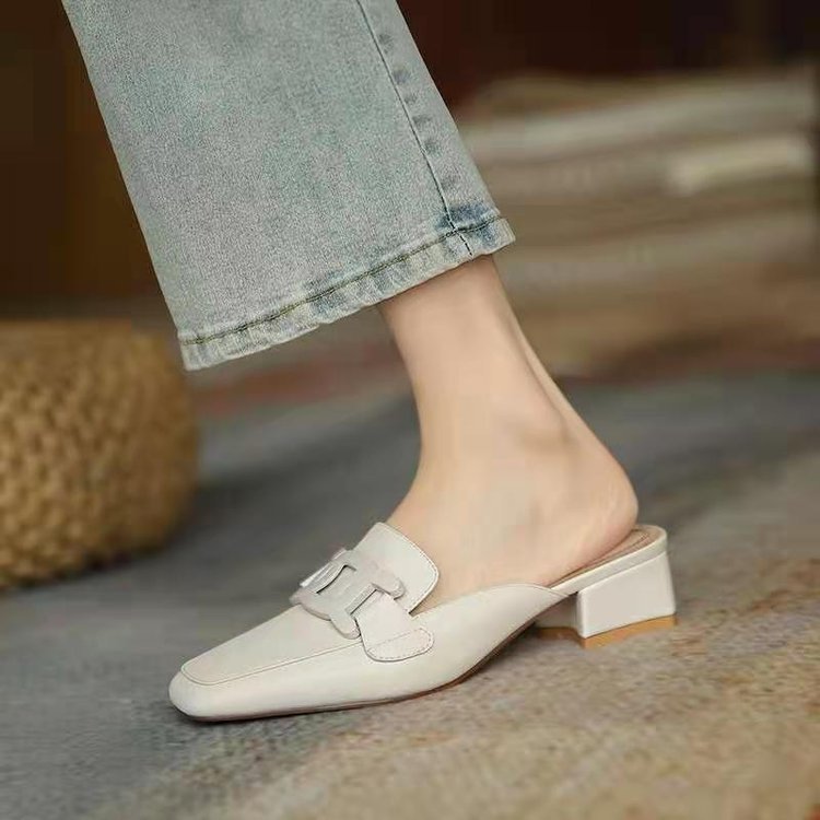 Women's Slip-on British Style Metal Buckle Square