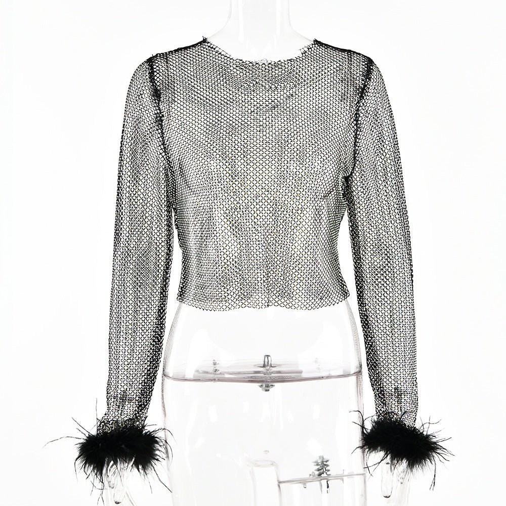 Fishnet T shirt Long Sleeve Short Top
