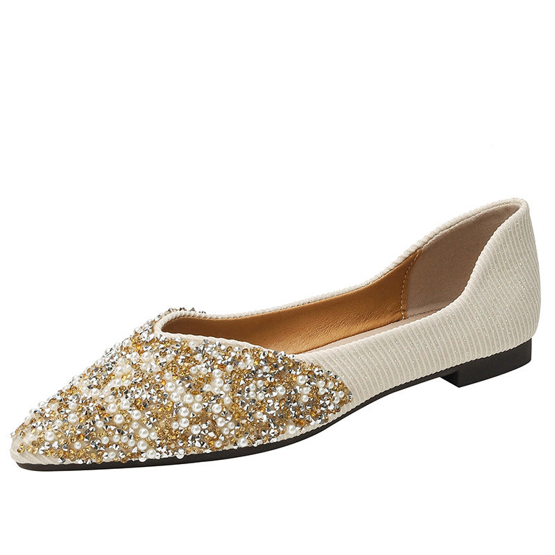 Women's Rhinestone Fairy Style Sweet Pearl Pointed Toe Shallow