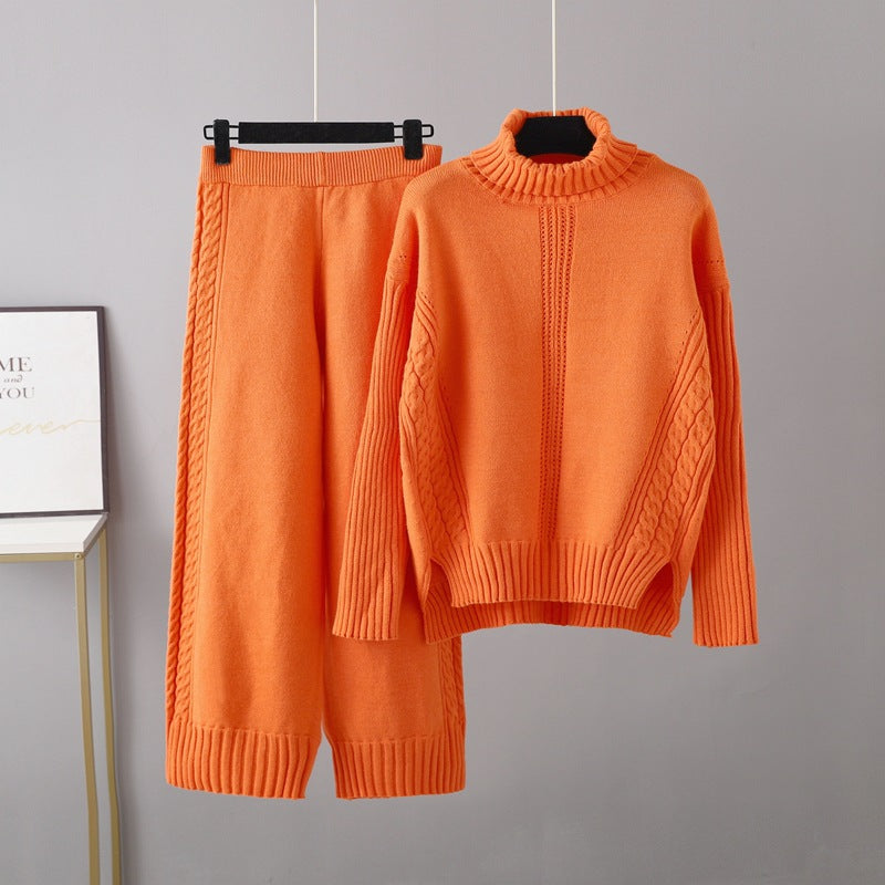 Turtleneck Pullover Thickened Knitting Sweater Casual Set Loose Idle Wide Leg Pants Two Piece Set