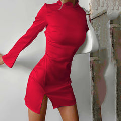 Chinesisches Stup-Kragen-Slim-Fit-Kleid Nischen-Langarm-Freiliegender Rücken Schwarzes kurzes Kleid