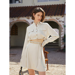 Lace Up Long Sleeve Shirt Skirt Set Slim Fit Two Piece Suit