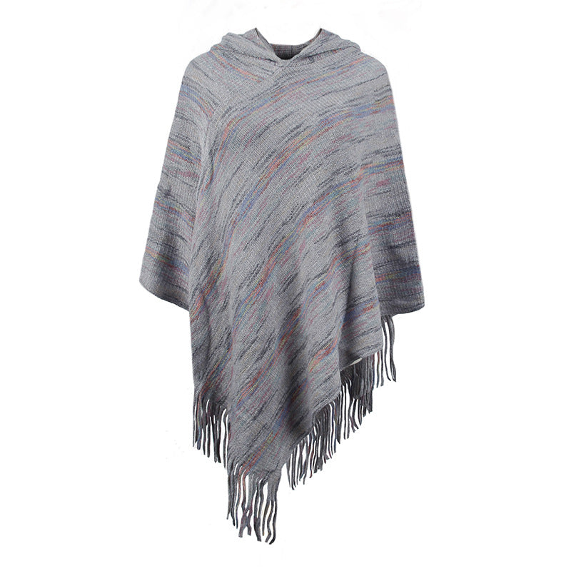 Gestreifter Cape-Schal mit Kapuze und Quaste