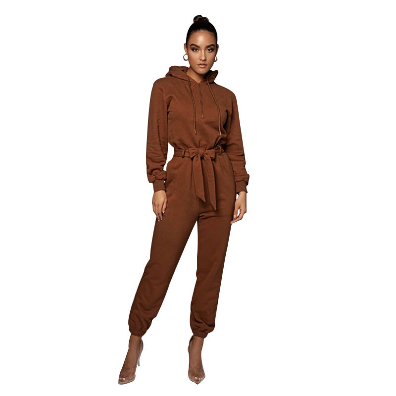 Slim Fit Long Sleeve Solid Color Hooded Half Open Collar Urban Casual Jumpsuit