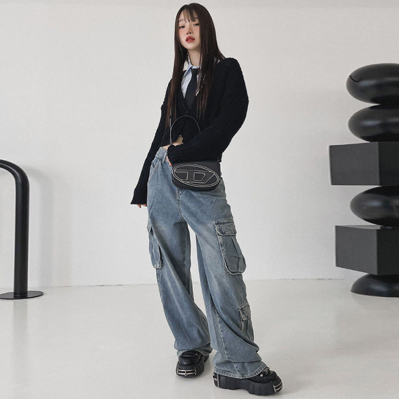 Pantalon droit drapé ample bleu vieilli de Big Workwear avec jeans à poches