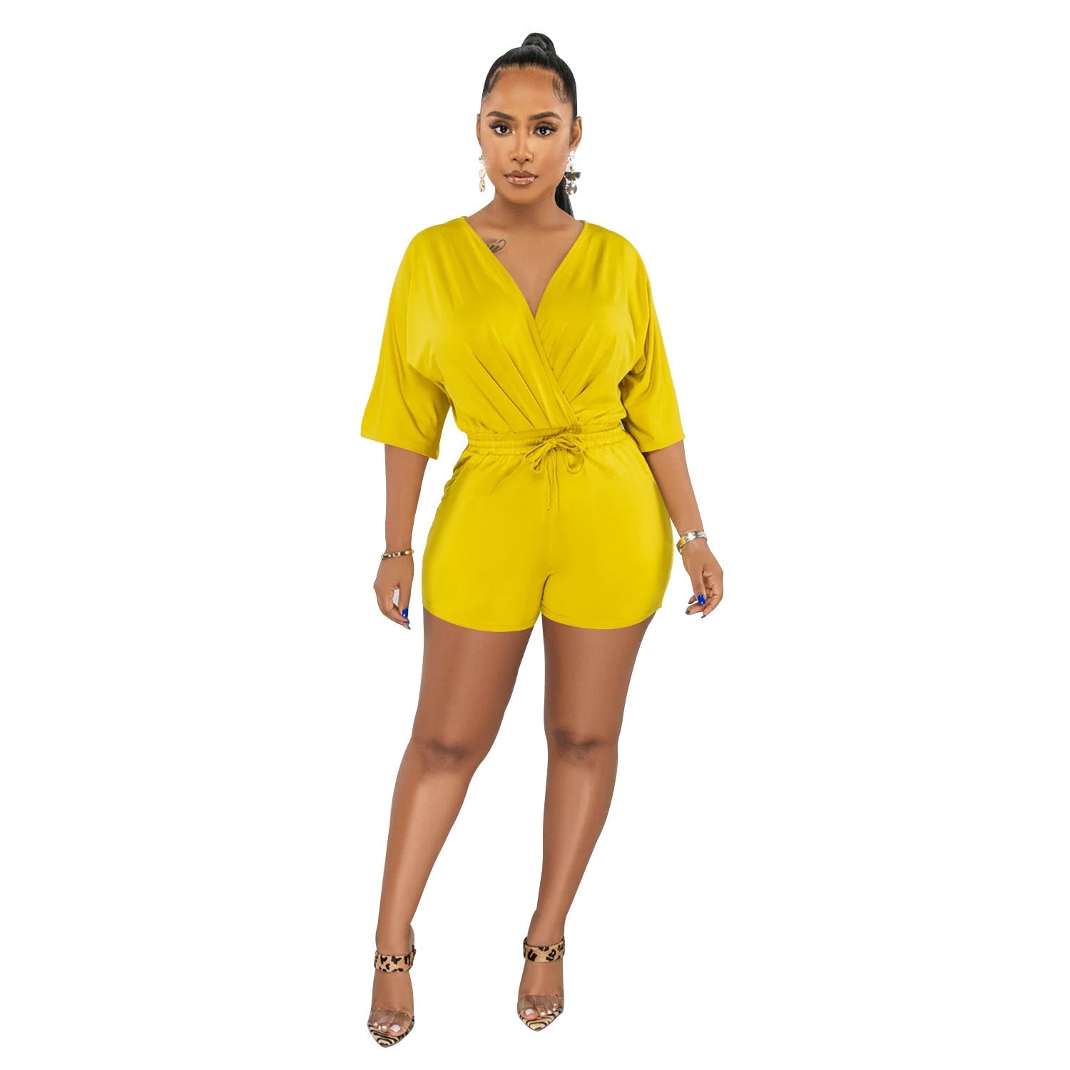 Wear Solid Color Tied V Neck Half Sleeves Shorts Jumpsuit