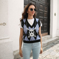 Skull Jacquard Rhombus Vest Sweater Vest Knitwear Halloween