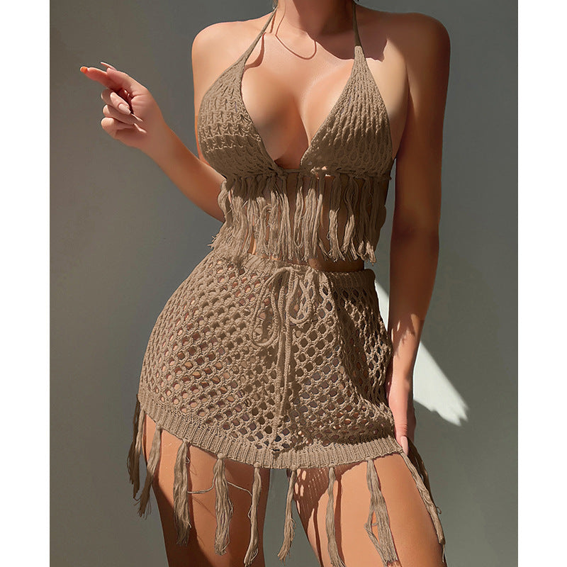 Knitted Lace Up Tassel Bikini Skirt Outfit Bikini Beach Cover Up