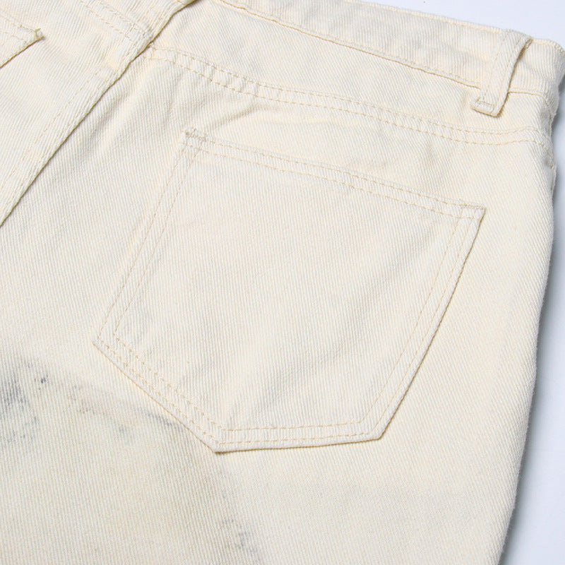 Pantalon patchwork à contraste de couleurs et peinture à l'encre fleurie, taille haute, coupe droite, décontracté, jeans assortis